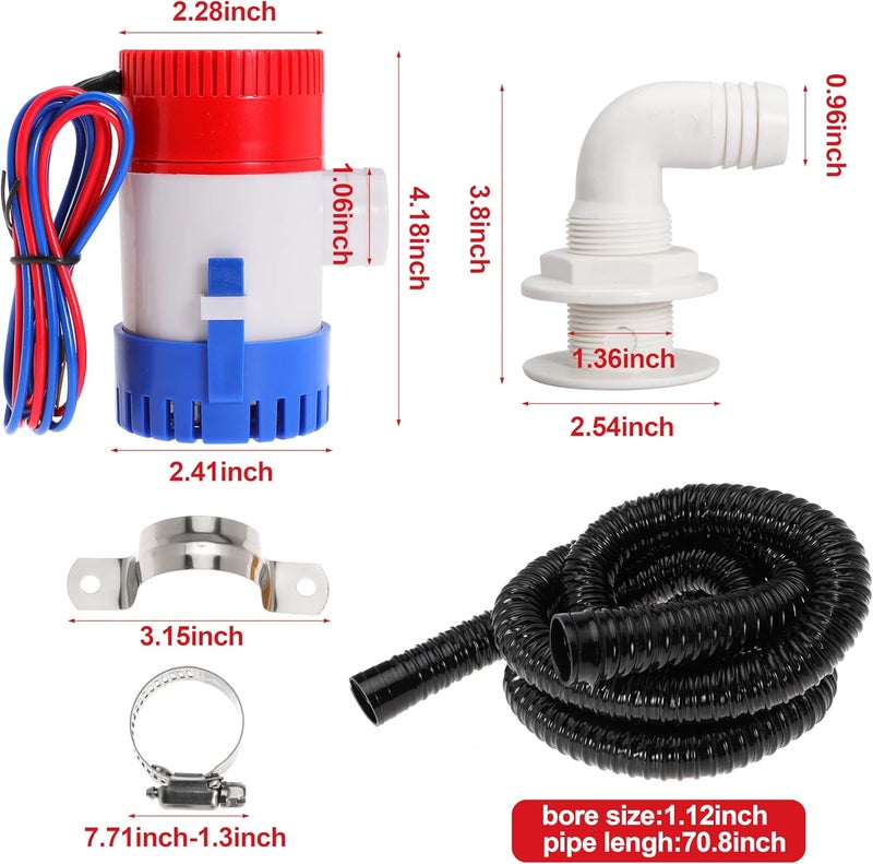 Ciweisah Boat Bilge Plumbing Kit 1-1/8 Inch Dia 12V Non-automatic Bilge Pump kit 1100 GPH with 6FT PVC Bilge Pump Hose (90 Degree Elbow) - Image 2